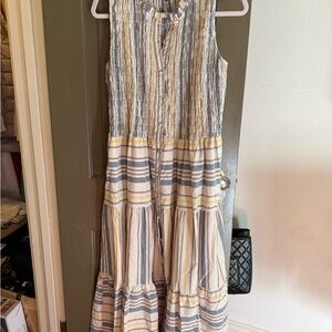 Elegant Striped Maxi Dress in Blue, Yellow, and Cream